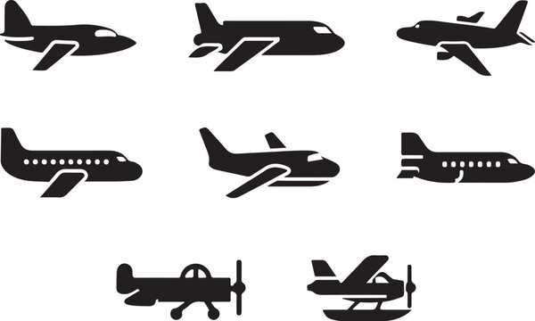 Diverse collection of aircraft and airplane silhouettes in black and white Vector