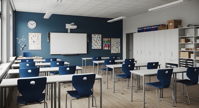 empty classroom with blue chairs and white desks, education background