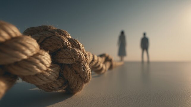 Thick rope knot foreground with blurred couple walking apart in distance, symbolizing relationship coaching and couples therapy, connection, tension, and reconnection.