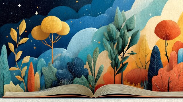 creative School Library Month concept, flat illustration combining Memphis retro geometry with boho decorative elements, giant open book transforming into imaginative worlds