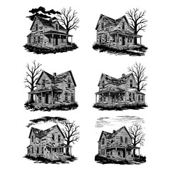 Obraz premium Hauntingly detailed sketches of old, abandoned houses in a forest setting