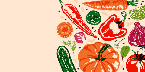 Abstract vegetable background. Natural organic food ingredients banner with fresh green vegetarian farm products cucumber carrot tomato pepper onion greens. Vector illustration © Yelyzaveta