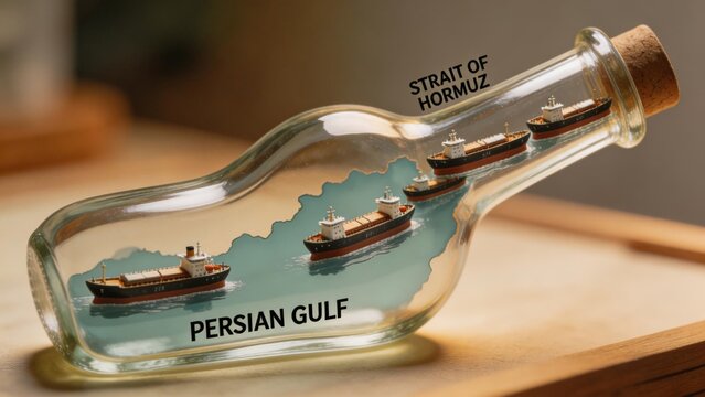 Miniature scene showing ships in a bottle representing the Strait of Hormuz and Persian Gulf at midday