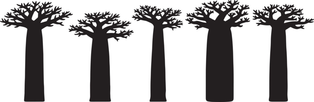 Black Solid African Baobab Tree Silhouettes Set of Six
