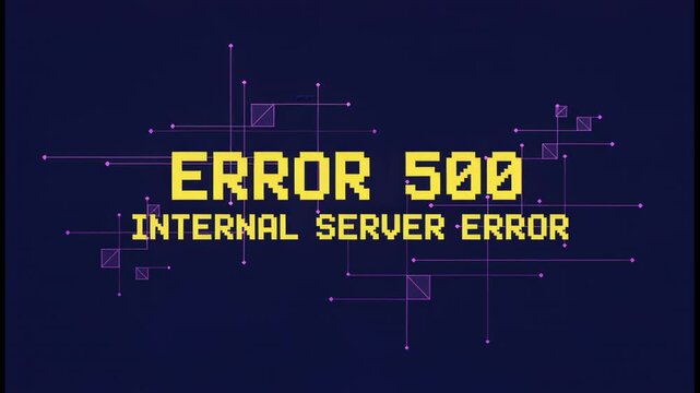Animated pixelated text displaying an error 500 internal server error message with digital glitch effects, representing a system failure, website crash, or technical problem on the internet