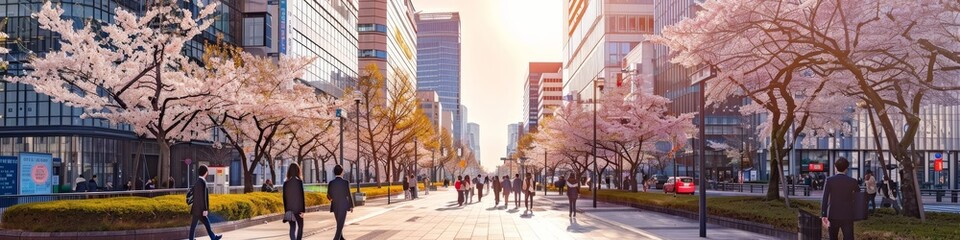 Fototapeta premium A vibrant city street with blooming cherry trees, modern buildings, and people enjoying a sunny day. Warm lighting enhances the spring atmosphere.