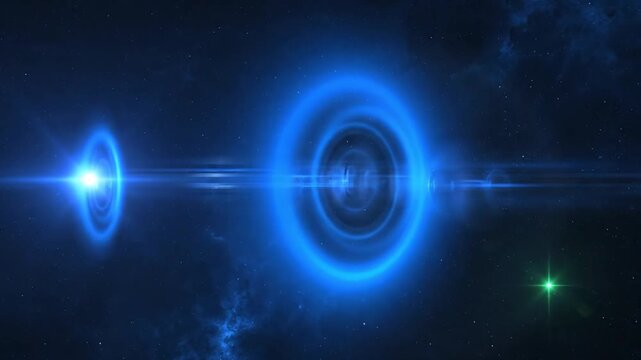 Vibrant blue and green cosmic lights in space.