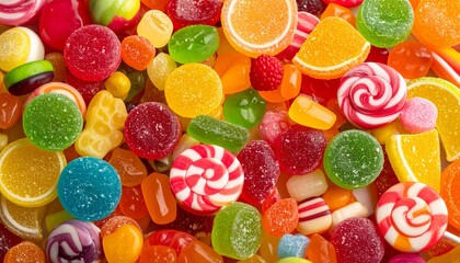 A sweet snack concept with a mix of colorful candies including lollipops, chewy candies, and jellies.