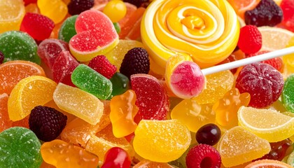A sweet snack concept with a mix of colorful candies including lollipops, chewy candies, and jellies.