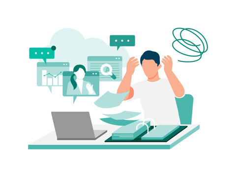 Hybrid worker struggling with heavy task load and digital documents on laptop during extreme heat.  Remote male employee facing professional burnout.