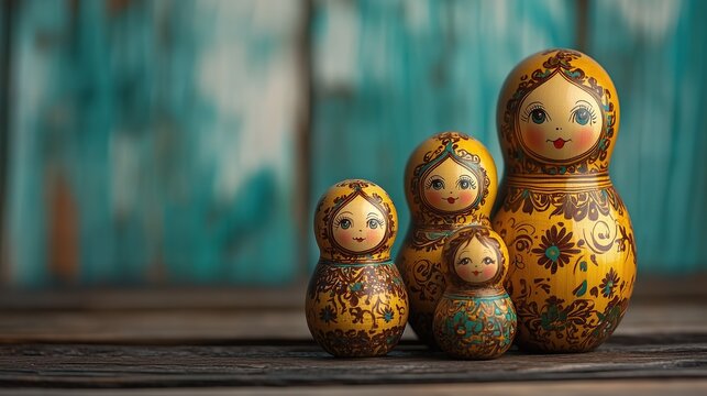 Russian Nesting Dolls on Wooden Table | Gold Patterns and Blue Background | Traditional Handcrafted Decor Visual Asset