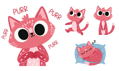 Fototapeta premium A cute pink kitten in various poses: a big face purring, sleeping, sitting, and running. A set of flat vector illustrations . Vector illustration