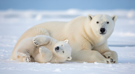 A polar bear and her cub play on the snowy ground in a serene Arctic landscape with a clear blue