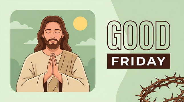 Good Friday Banner Design with Jesus Christ Praying and Crown of Thorns Christian Background