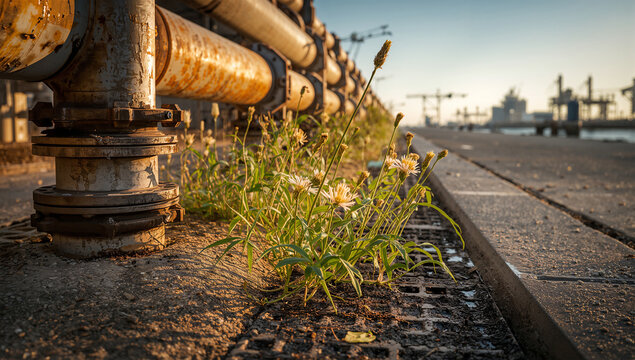潮気の工場地帯夕暮れ、錆びた配管と排水口の野草が耐える海風の街