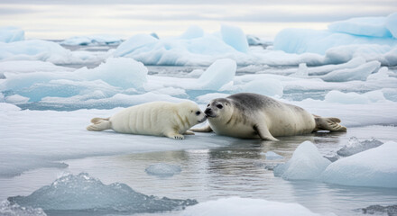Naklejka premium Two seals, one adult and one pup, interact on icy terrain with melting ice chunks in a serene, cold