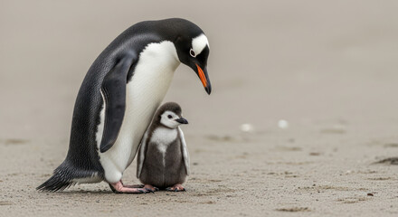 A penguin standing protectively over its chick on a sandy beach with a shallow depth of field,