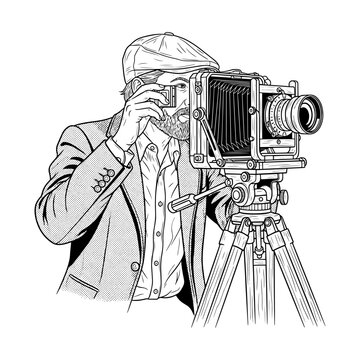 Vintage photographer using an antique large-format camera on a tripod