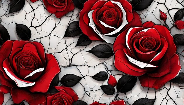 seamless pattern featuring red roses with cracked white and black textures creating a bold and artistic design with high contrast and a luxurious feel