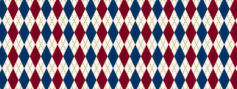 Traditional argyle pattern with blue and red rhombus shapes. Fabric diamond print for sweater, plaid or wrapping paper. Simple geometric background. Father Day wallpaper. Vector illustration.