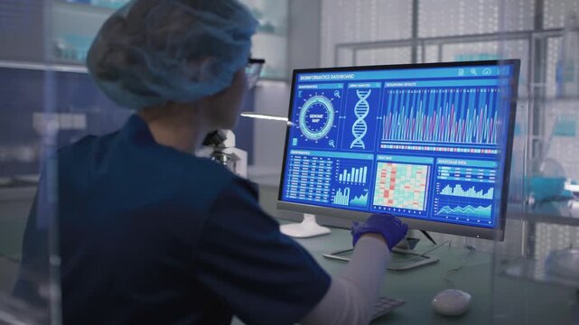 Female scientist in protective wear working in a medical research laboratory. Typing on a computer