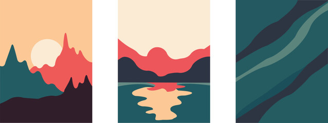 Abstract mountain landscape triptych with water and vegetation © Sathe Begum