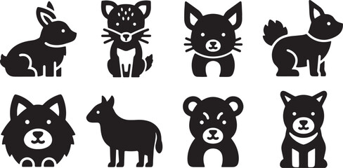 Fototapeta premium Black Solid Woodland Animals Grouped for Warmth Set of Six on White Background