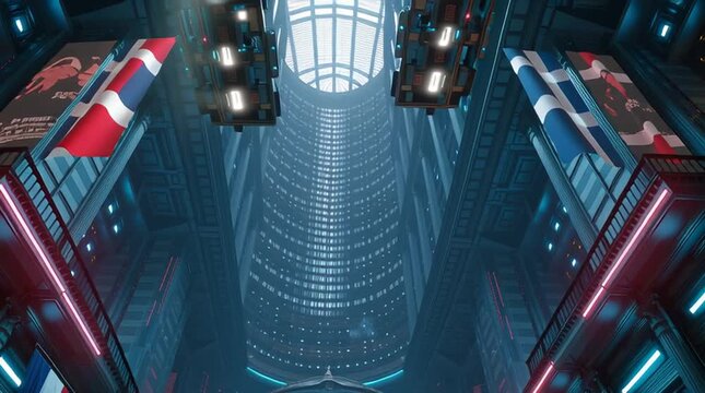Cyberpunk paris streetscape featuring futuristic architecture with french flags