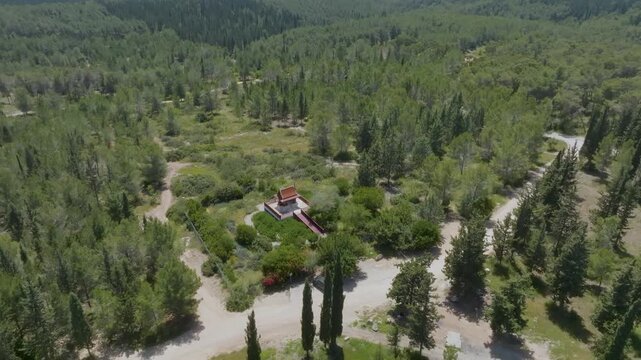 Aerial view of the Thai Pagoda in Ben Shemen Forest, Israel, surrounded by lush green pine and cypress trees
