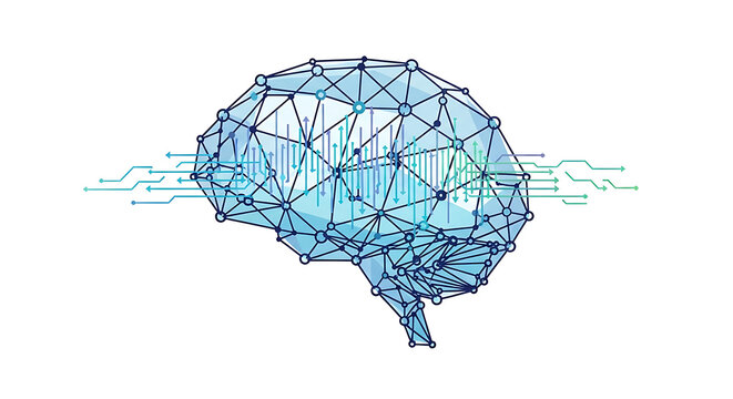 Blue brain infographic with geometric lines and nodes
