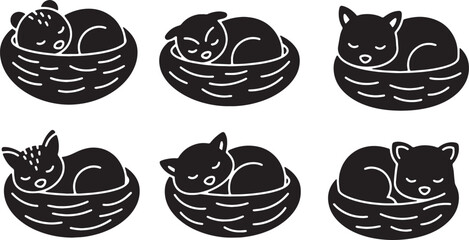 Black Solid Woodland Animals Sleeping in Nest Set of Six on White Background