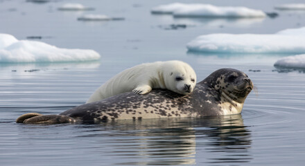 Naklejka premium A white seal pup resting on top of a spotted seal in icy waters with floating icebergs.