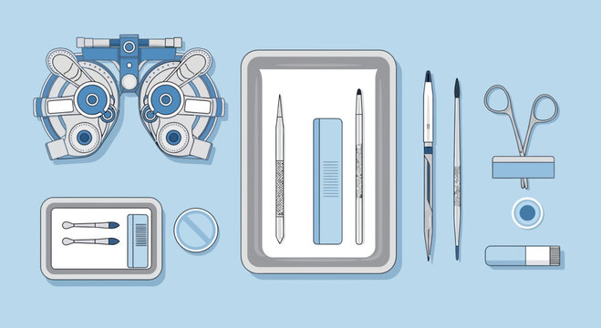 Medical Instruments and Vision Testing Tools Arranged on a Serene Blue Background