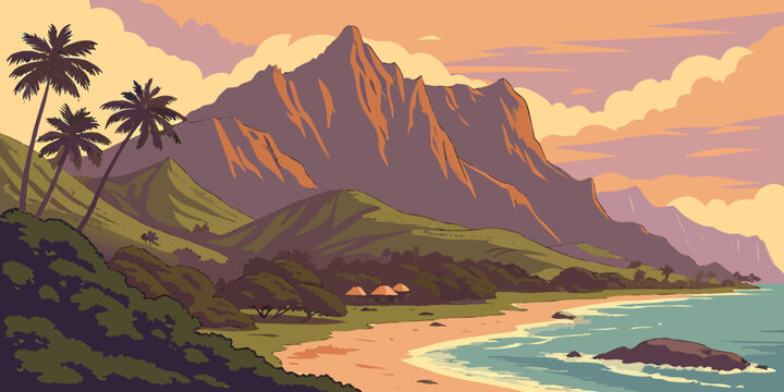 USA, US, U.S, United States - Maui Volcanic Mountains Tropical Beach Sunset Panorama | Island Paradise Coastal Landscape Wall Art Poster | Hawaii Ocean Scenic USA Print
