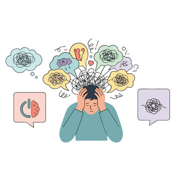 A man overwhelmed by thoughts and emotions in his head