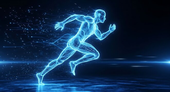 Glowing blue digital human form sprinting, with light trails, on a dark background