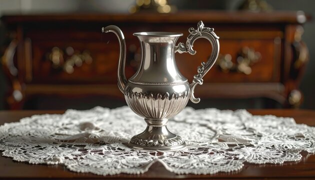 An elaborate antique silver ewer with intricate figural handles and a swan neck spout, resting on a lace doily.