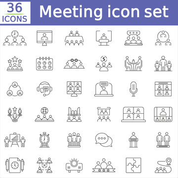Meeting web icon set in line style. Conference, team, brainstorm, seminar, interview, collection.
