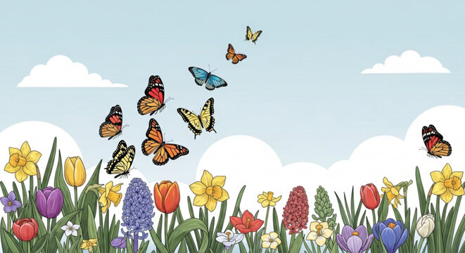 Colorful butterflies flying over vibrant spring flowers in a lush garden with a clear blue sky and fluffy white clouds