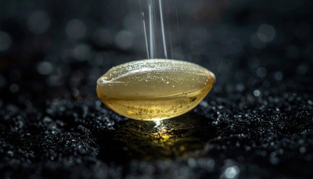 An extreme close-up captures a single genetically engineered grain of rice, glowing brightly with enhanced properties as liquid streams onto its textured surface.