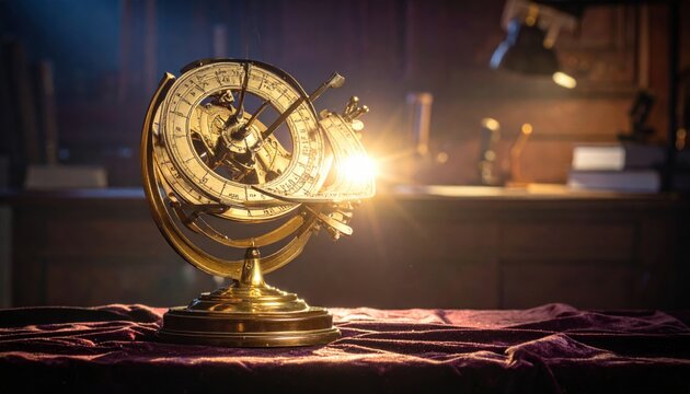 A beautifully gilded astrolabe with intricate celestial markings and detailed brass construction, glowing brightly on a draped table in a mysterious, dark room.