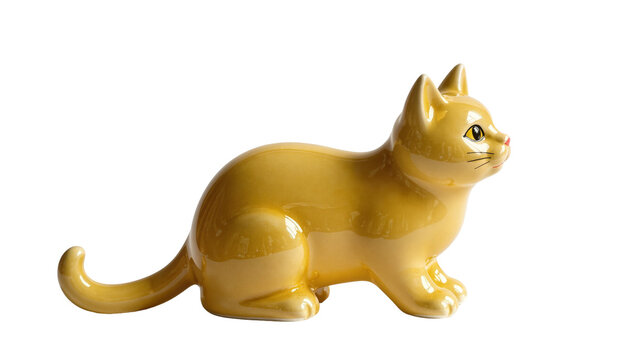 Isolated glossy yellow cat ceramic figurine, a charming decorative object for collectors