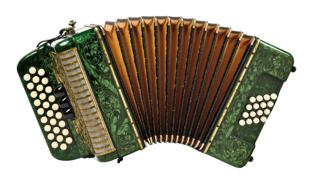 Isolated vintage green accordion with ornate patterns, a traditional squeeze box instrument