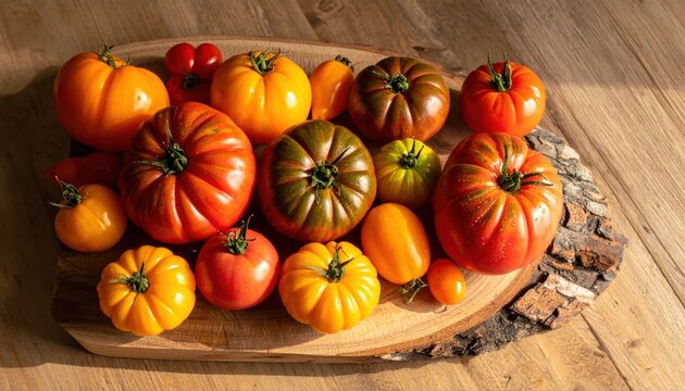 Diverse collection of heirloom tomatoes in various shapes sizes and colors displayed on a wooden platter showcasing vibrant produce