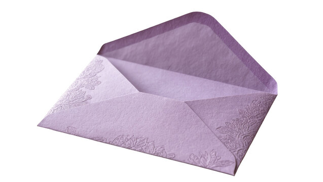Isolated open light purple envelope featuring elegant embossed floral design for wedding invitations