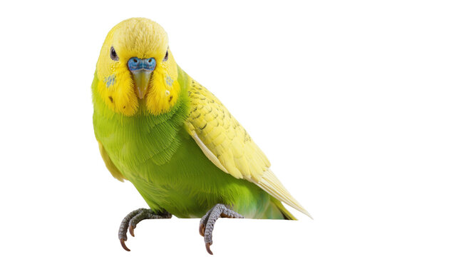Isolated cute green and yellow budgerigar pet bird with bright feathers looking forward