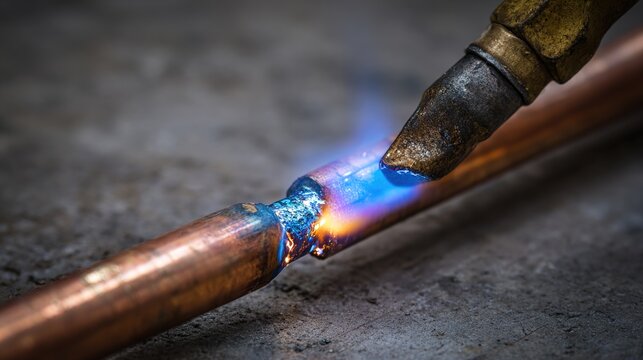 brazing. A craftsman brazing two copper pipes with molten solder under a torch flame. safety posters, maintenance manuals, designed for precision metalworking and fabrication facilities.