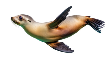 Isolated beautiful sea lion gracefully swimming underwater, showcasing its natural agility © Michal