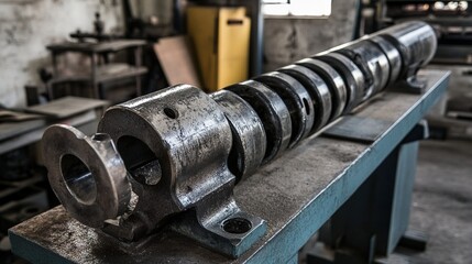 crankshaft. Steel crankshaft with oil stains resting on a workshop bench, industrial metal texture under focused lighting. safety posters.