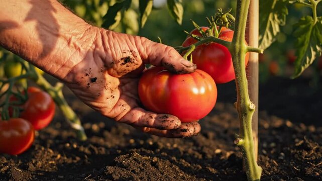Farmer's hand carefully picking a ripe red tomato from the plant in the garden, healthy organic food concept.